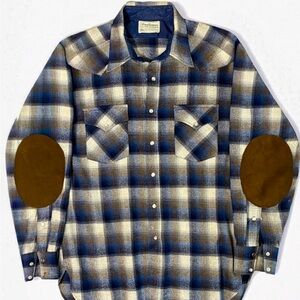 Pendleton High Grade Western Wool Snap Shirt Lined Plaid Elbow Patches L